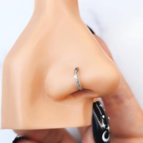 Triple Sided Micro Gem Nose Hoop Ring - Implant Grade Titanium With Sparkling CZ - Picture 2 of 8